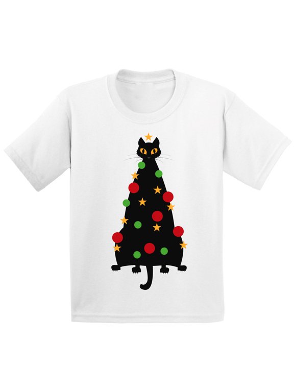 Christmas T-Shirt for Boys Girls Cat Xmas Tree Kids T Shirts
