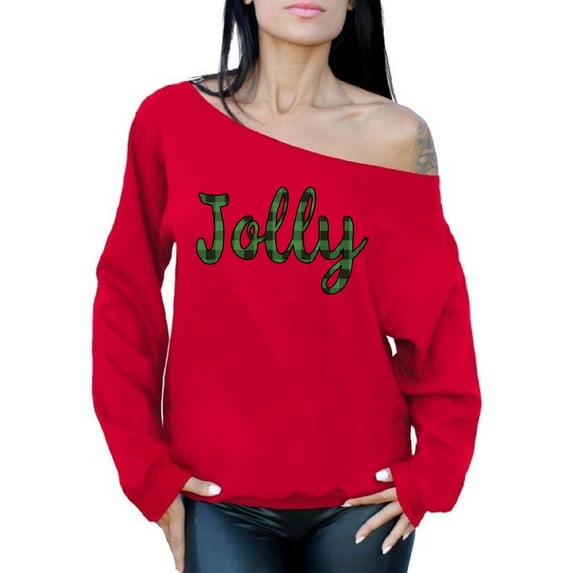 Awkward Styles Xmas Sweatshirt Off Shoulder Christmas Jolly Plaid Sweater