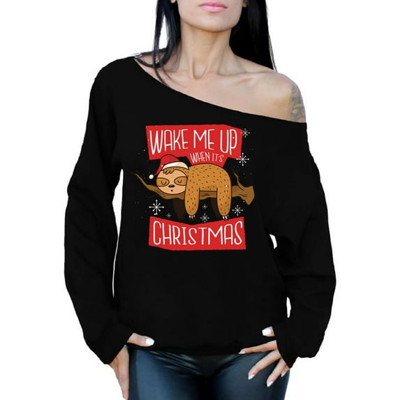 Awkward Styles Xmas Sweatshirt Off Shoulder Wake Me Up When It's Christmas Sloth Sweater