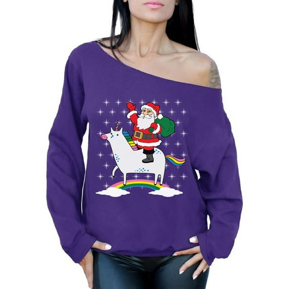 Awkward Styles Unicorn Santa Off The Shoulder Sweatshirt Women's Unicorn Santa Christmas Sweater Oversized Baggy Santa Xmas Sweater Funny Christmas Gifts for Her Xmas Unicorn Sweatshirt