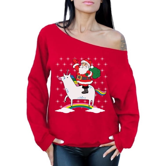 Awkward Styles Unicorn Santa Off The Shoulder Sweatshirt Women's Unicorn Santa Christmas Sweater Oversized Baggy Santa Xmas Sweater Funny Christmas Gifts for Her Xmas Unicorn Sweatshirt