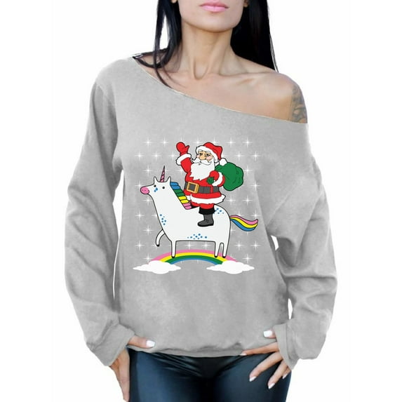 Awkward Styles Unicorn Santa Off The Shoulder Sweatshirt Women's Unicorn Santa Christmas Sweater Oversized Baggy Santa Xmas Sweater Funny Christmas Gifts for Her Xmas Unicorn Sweatshirt