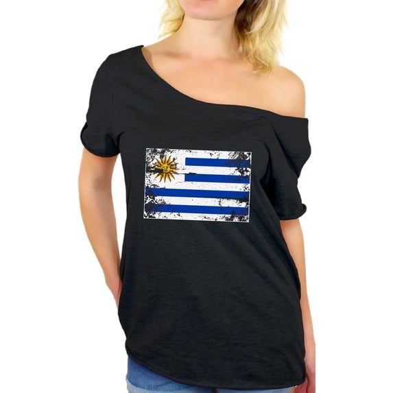 Awkward Styles Uruguay Flag Off Shoulder Shirt Women's Uruguay Baggy Shirt Uruguay Shirts for Women Uruguayan Soccer Gifts for Her Uruguay 2018 Dolman Top Gifts from Uruguay Cute Uruguay Baggy Tshirt