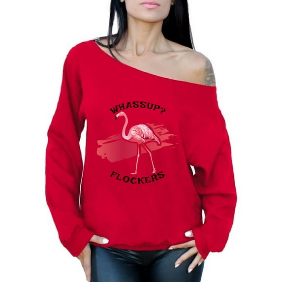 Awkward Styles Whassup Flockers Off Shoulder Sweatshirt Pink Flamingo Oversized Sweater for Women Flamingo Gifts for Her Flamingo Summer Sweater Beach Sweatshirt for Women
