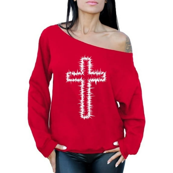 Awkward Styles White Cross Ladies Off The Shoulder Sweatshirts Cross Sweater Jesus Clothing for Women Cross Oversized Sweatshirt Christian Cross Clothes Cross Off The Shoulder Sweatshirt for Women