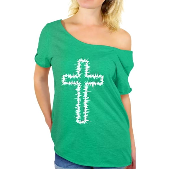 Awkward Styles White Cross Off The Shoulder Shirt for Women Christian Cross Gifts for Wife Jesus Ladies Off Shoulder Shirt Jesus Clothing for Women Cross Shirt for Her Christian Cross Women Clothes