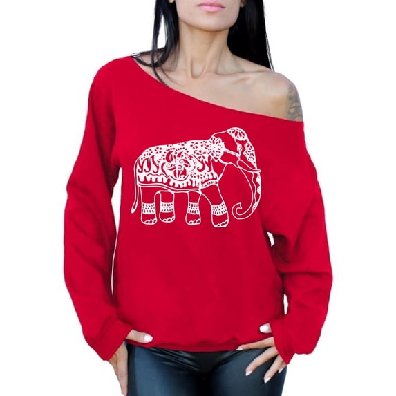 Awkward Styles White Elephant Off Shoulder Sweatshirt for Women Patterned Oversized Sweater Women Fashion Tracery Sweatshirt Indian Pattern Elephant Oversized Sweatshirts Animal Sweater