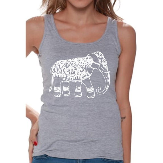 Awkward Styles White Elephant Tanks for Women Patterned Tank Top for Ladies Women Fashion Collection Tracery Tshirt for Mom Indian Pattern T-Shirt for Her Gifts for Wife Elephant Shirts Animal T-Shirt