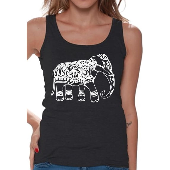 Awkward Styles White Elephant Tanks for Women Patterned Tank Top for Ladies Women Fashion Collection Tracery Tshirt for Mom Indian Pattern T-Shirt for Her Gifts for Wife Elephant Shirts Animal T-Shirt