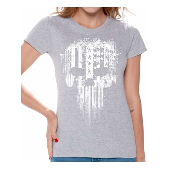 Awkward Styles White Skull T Shirt for Her American Flag Sniper Shirts for Ladies Patriotic Shirts for Women USA Lovers Gifts Military American Flag American Reaper Women's T Shirt Skeleton Shirts