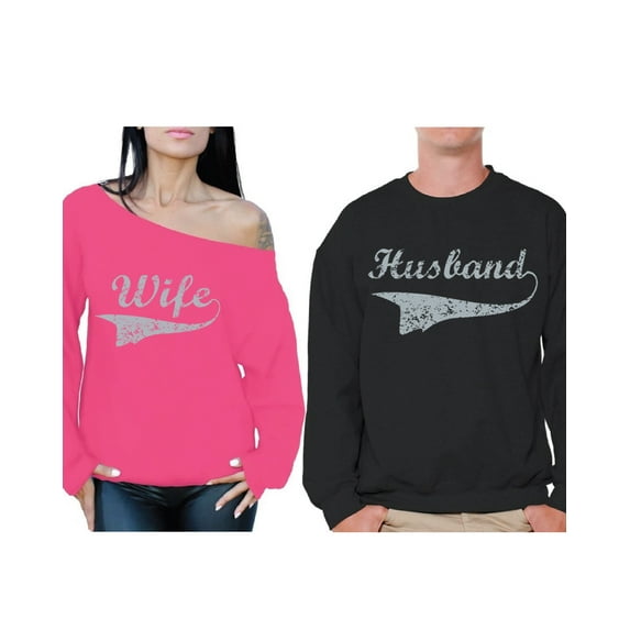 Awkward Styles Wife and Husband Couple Sweatshirts Matching Wife and Husband Sweaters for Couples Valentine's Day Gifts Husband Sweater Vintage Wife Off the Shoulder Sweatshirt Anniversary Gifts