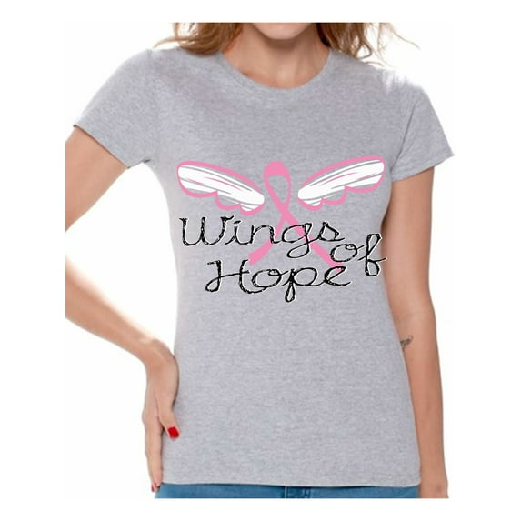 Awkward Styles Wings Of Hope Tshirt Ribbon Angel Wings Shirt Breast Cancer Awareness Shirts for Women Pink Ribbon Shirt Gifts for Breast Cancer Survivor Cancer Support Ribbon Shirt Breast Cancer Shirt