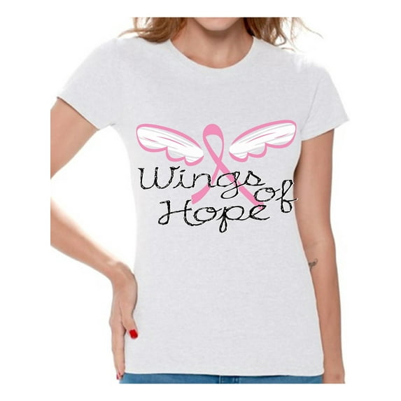 Awkward Styles Wings Of Hope Tshirt Ribbon Angel Wings Shirt Breast Cancer Awareness Shirts for Women Pink Ribbon Shirt Gifts for Breast Cancer Survivor Cancer Support Ribbon Shirt Breast Cancer Shirt