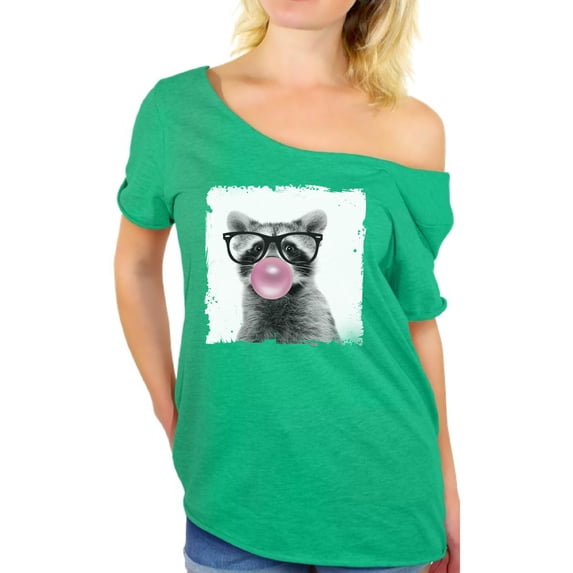 Awkward Styles Women T Shirt Women Clothes Raccoon with Gum Off The Shoulder Shirt Ladies Off The Shoulder Shirt Animal Tshirt for Woman Funny Animal Gifts Raccoon Clothing Raccoon T Shirt Cute Shirt