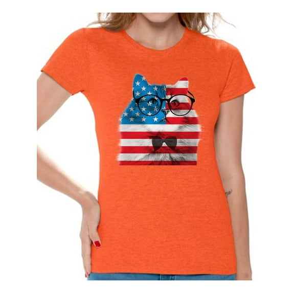 Awkward Styles Women's American Flag Cat Graphic T-shirt Tops USA Flag Cat Independence Day 4th of July