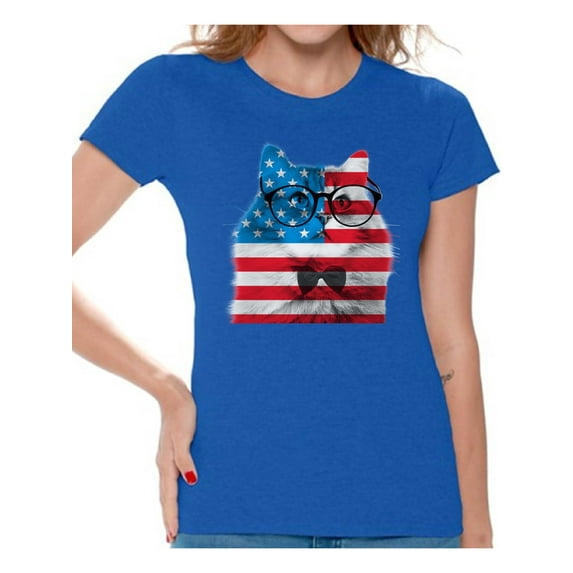 Awkward Styles Women's American Flag Cat Graphic T-shirt Tops USA Flag Cat Independence Day 4th of July
