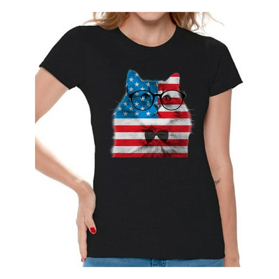 Awkward Styles Women's American Flag Cat Graphic T-shirt Tops USA Flag Cat Independence Day 4th of July