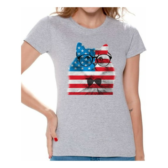 Awkward Styles Women's American Flag Cat Graphic T-shirt Tops USA Flag Cat Independence Day 4th of July