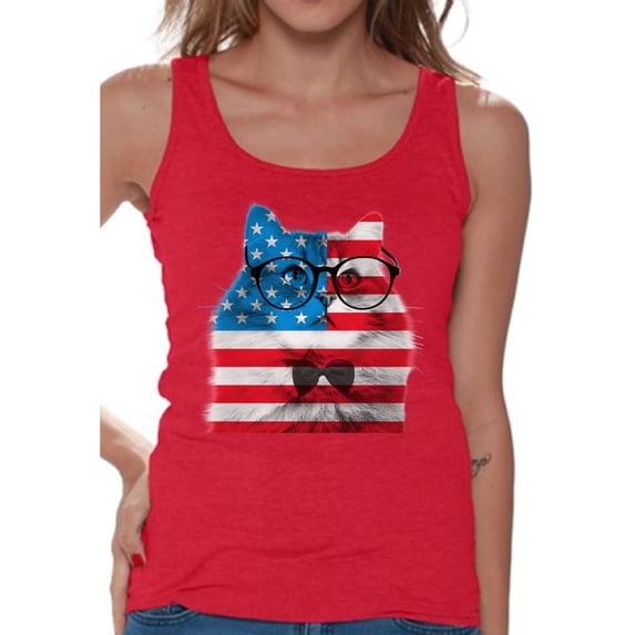 Awkward Styles Women's American Flag Cat Graphic Tank Tops USA Flag Cat Independence Day 4th of July