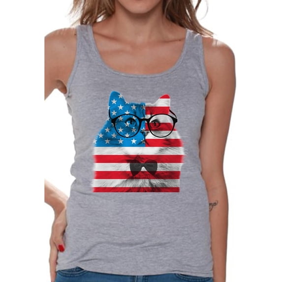 Awkward Styles Women's American Flag Cat Graphic Tank Tops USA Flag Cat Independence Day 4th of July