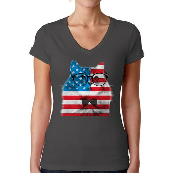 Awkward Styles Women's American Flag Cat V-neck T-shirt USA Flag Cat Independence Day 4th of July