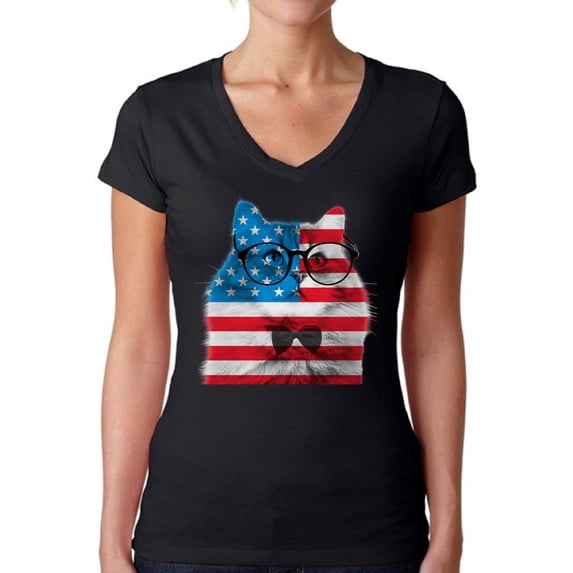Awkward Styles Women's American Flag Cat V-neck T-shirt USA Flag Cat Independence Day 4th of July