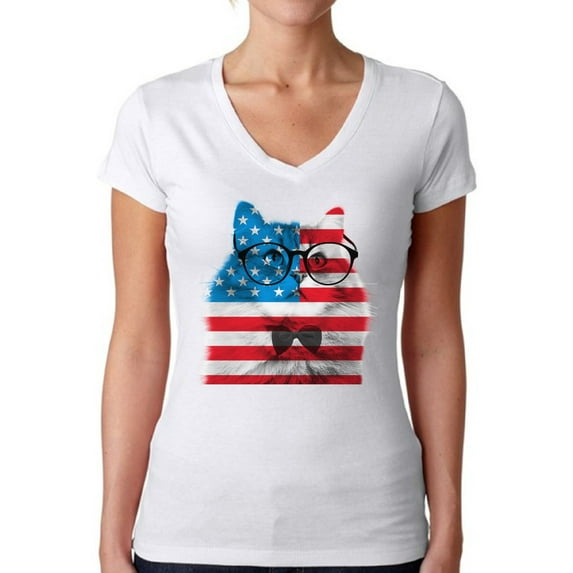 Awkward Styles Women's American Flag Cat V-neck T-shirt USA Flag Cat Independence Day 4th of July