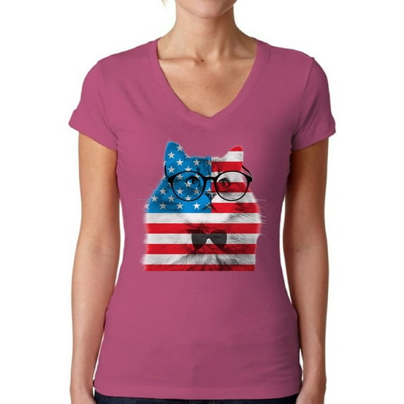 Awkward Styles Women's American Flag Cat V-neck T-shirt USA Flag Cat Independence Day 4th of July