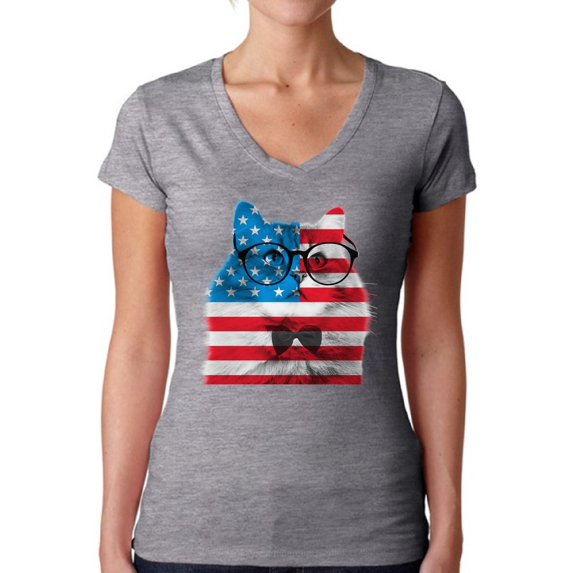 Awkward Styles Women's American Flag Cat V-neck T-shirt USA Flag Cat Independence Day 4th of July