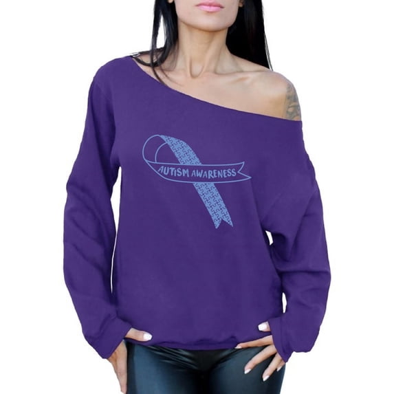 Awkward Styles Women's Autism Awareness Blue Ribbon Graphic Off Shoulder Tops Oversized Sweatshirt Autistic Support