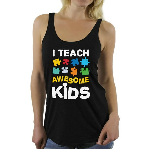 Awkward Styles Women's Autism Awareness Puzzle Graphic Racerback Tank Tops I Teach Awesome Kids