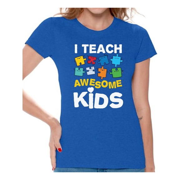 Awkward Styles Women's Autism Awareness Puzzle Graphic T-shirt Tops I Teach Awesome Kids