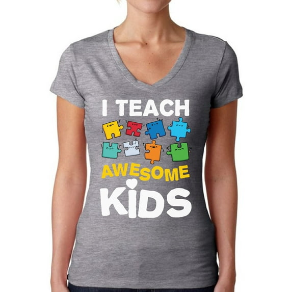 Awkward Styles Women's Autism Awareness Puzzle V-neck T-shirt I Teach Awesome Kids