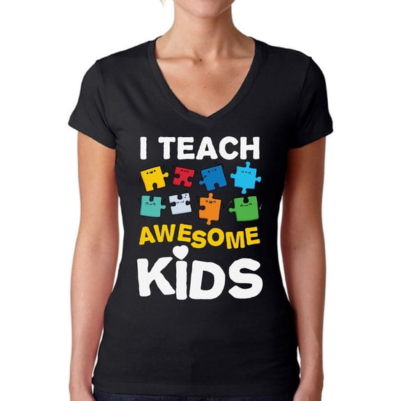 Awkward Styles Women's Autism Awareness Puzzle V-neck T-shirt I Teach Awesome Kids