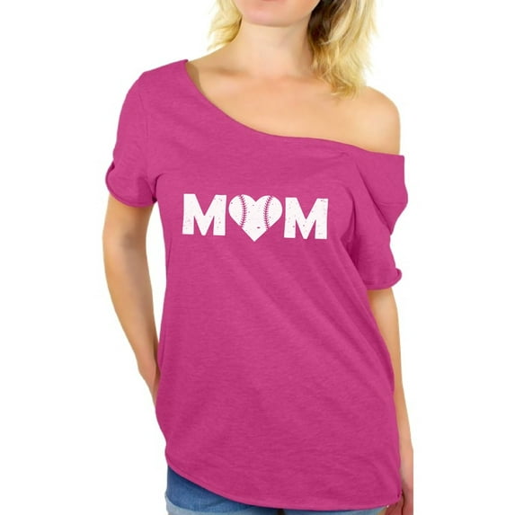 Awkward Styles Women's Baseball Mom Heart Graphic Off Shoulder Tops T-shirt White Heart Mother's Day Gift