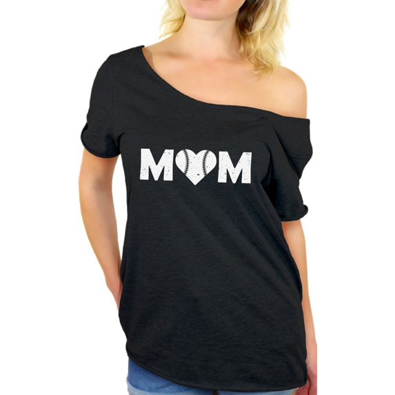 Awkward Styles Women's Baseball Mom Heart Graphic Off Shoulder Tops T-shirt White Heart Mother's Day Gift