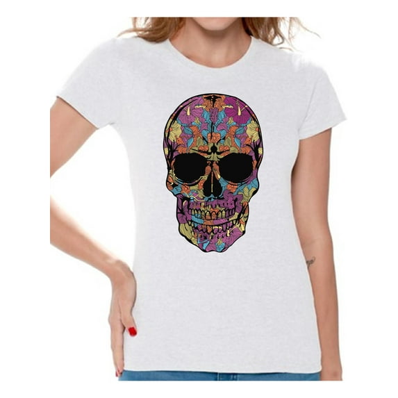 Awkward Styles Women's Black Flowered Skull Graphic T-shirt Tops Floral Sugar Skull Day of Dead