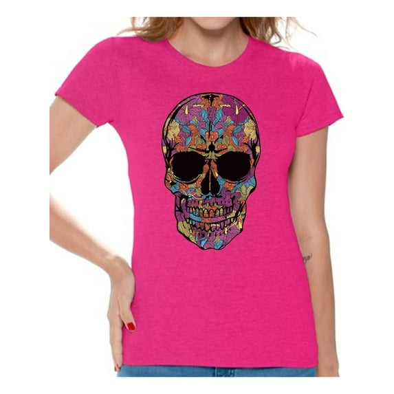 Awkward Styles Women's Black Flowered Skull Graphic T-shirt Tops Floral Sugar Skull Day of Dead