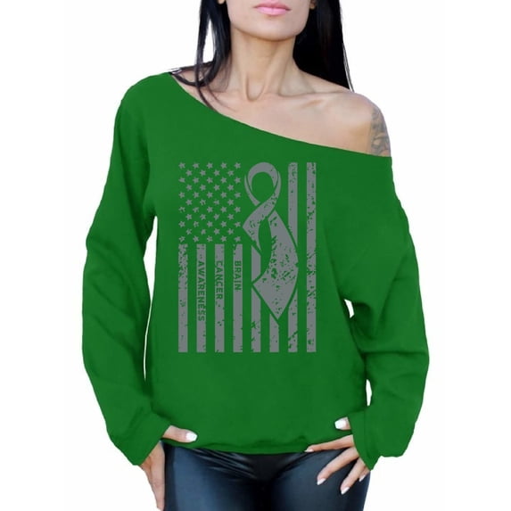 Awkward Styles Women's Brain Cancer Awareness Graphic Off Shoulder Tops Oversized Sweatshirt Gray Ribbon