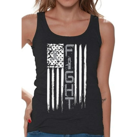 Awkward Styles Women's Brain Cancer Graphic Tank Tops Distressed American Flag Fight Gray Ribbon