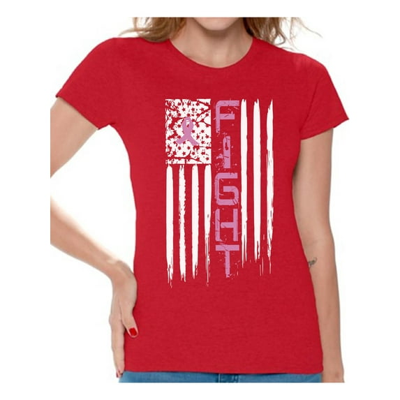 Awkward Styles Women's Breast Cancer American Flag Distressed Graphic T-shirt Tops Fight Pink Ribbon