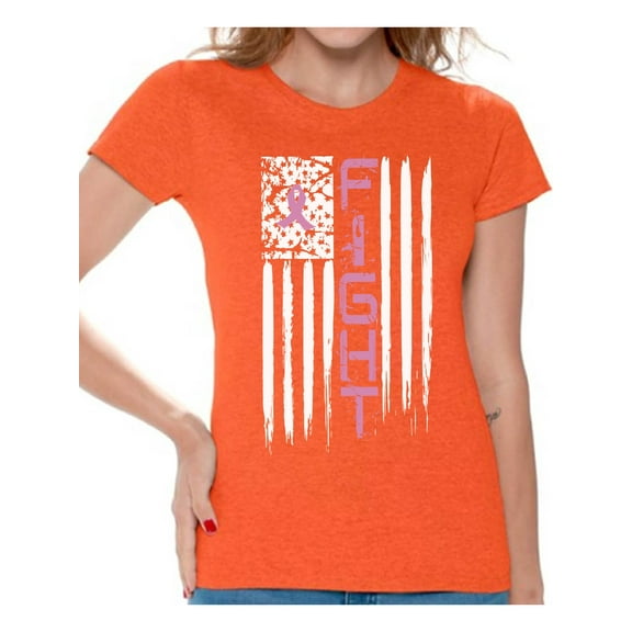 Awkward Styles Women's Breast Cancer American Flag Distressed Graphic T-shirt Tops Fight Pink Ribbon