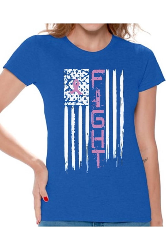 Women's Breast Cancer American Flag Distressed Graphic T-shirt Tops Fight Pink Ribbon