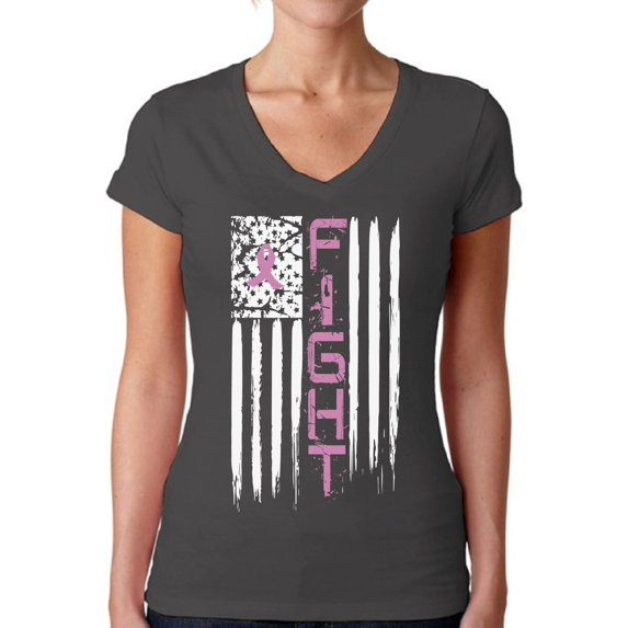 Awkward Styles Women's Breast Cancer American Flag Distressed V-neck T-shirt Fight Pink Ribbon