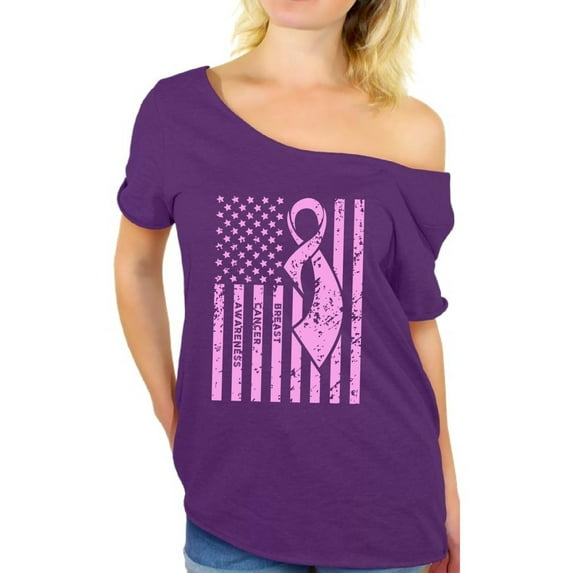 Awkward Styles Women's Breast Cancer Awareness Graphic Off Shoulder Tops T-shirt Pink Ribbon