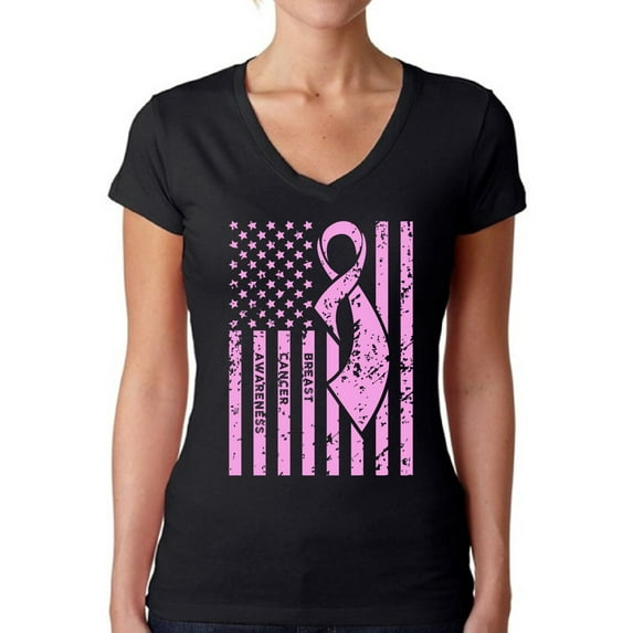 Awkward Styles Women's Breast Cancer Awareness V-neck T-shirt Pink Ribbon