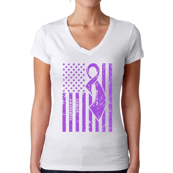 Awkward Styles Women's Cancer Awareness V-neck T-shirt Purple Ribbon