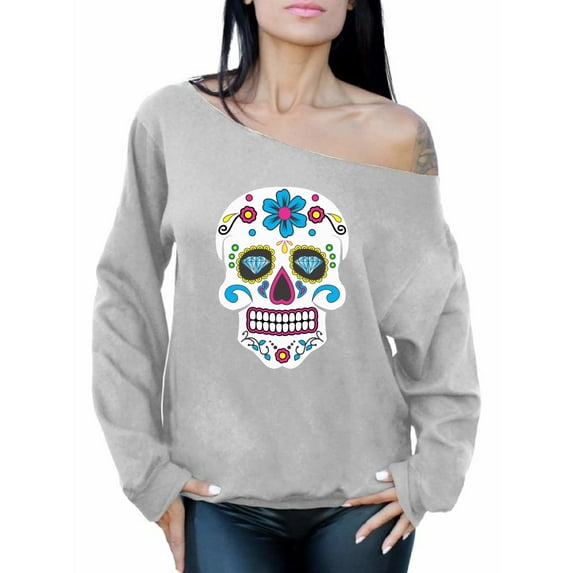 Awkward Styles Women's Colorful Skull Graphic Off Shoulder Tops Oversized Sweatshirt Candy Skull Dia De Los Muertos