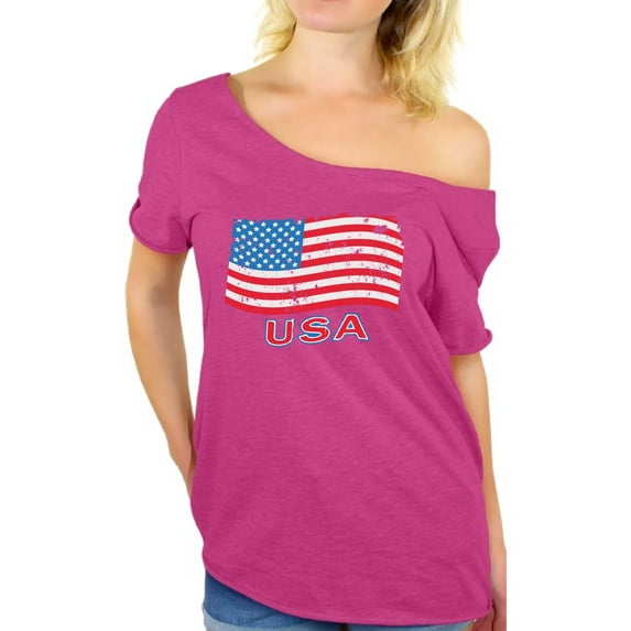 Awkward Styles Women's Distressed USA Flag Graphic Off Shoulder Tops T-shirt USA Independence Day 4th Of July