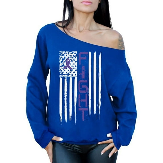 Awkward Styles Women's Fight Cancer Graphic Off Shoulder Tops Oversized Sweatshirt USA Flag Purple Ribbon for Awareness